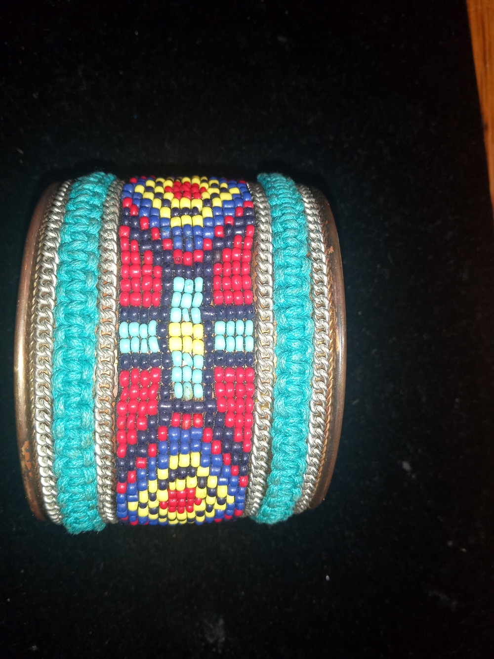 Handcrafted Multicolor Beaded Cuff Bracelet - Turquoise & Red On Brass Cuff